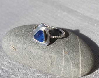 Blue Sea Glass Ring.  Blue Multicoloured Sea Glass Ring.  Seaham Sea Glass. Silver Beaded Ring.