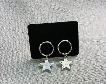 Open Circle Stud Earrings with Stars. Textured Star Earrings.  Dangle Star Earrings.  Recycled Sterling Silver.  Christmas Star Earrings.