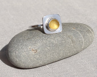 Yellow Sea Glass Ring.  Contemporary Sea Glass Ring.  Square Ring.  Sterling Silver Ring.