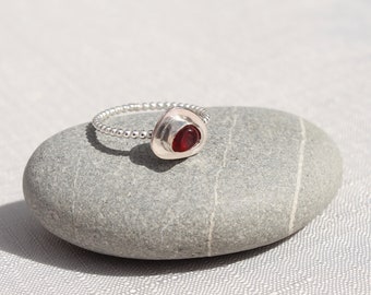 Red Glass Ring.  Small and Dainty Sea Glass Ring.  Silver Beaded Ring.  Sterling Silver.
