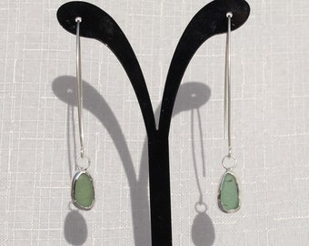 Green Sea Glass Earrings.  Sea Glass Threader Earrings. Drop Earrings. Silver Wrapped Dangle Earrings.  English Sea Glass.