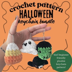 Halloween Crochet Keychain Pattern Bundle – Ghost, Bat, Candy Corn, Monster | Amigurumi Plushie Keychains | Beginner Friendly