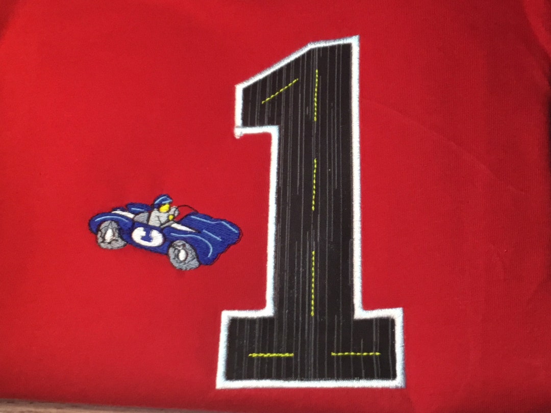 Number One Racing Print Number One Birthday Applique Racetrack and a Race Car Embroidery Design ...