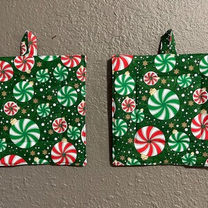 Set of 2 Peppermint ornament themed quilted potholders / trivet