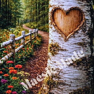 Op de afbeelding: Een hart gesneden in de schors van een berk, in een bosrijke omgeving. Een houten hek en pad leiden in de verte, omringd door kleurrijke bloemen. De afbeelding roept een gevoel van natuur en romantiek op.