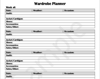 Weekly Wardrobe and Outfit Planner Template *Printable*