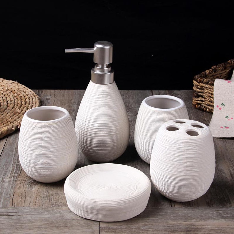Set of 5 Ceramic Bathroom Accessory Set with Lotion Dispenser Etsy
