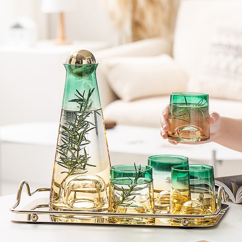 Yellow Green glass carafe set with a tray and wood lid