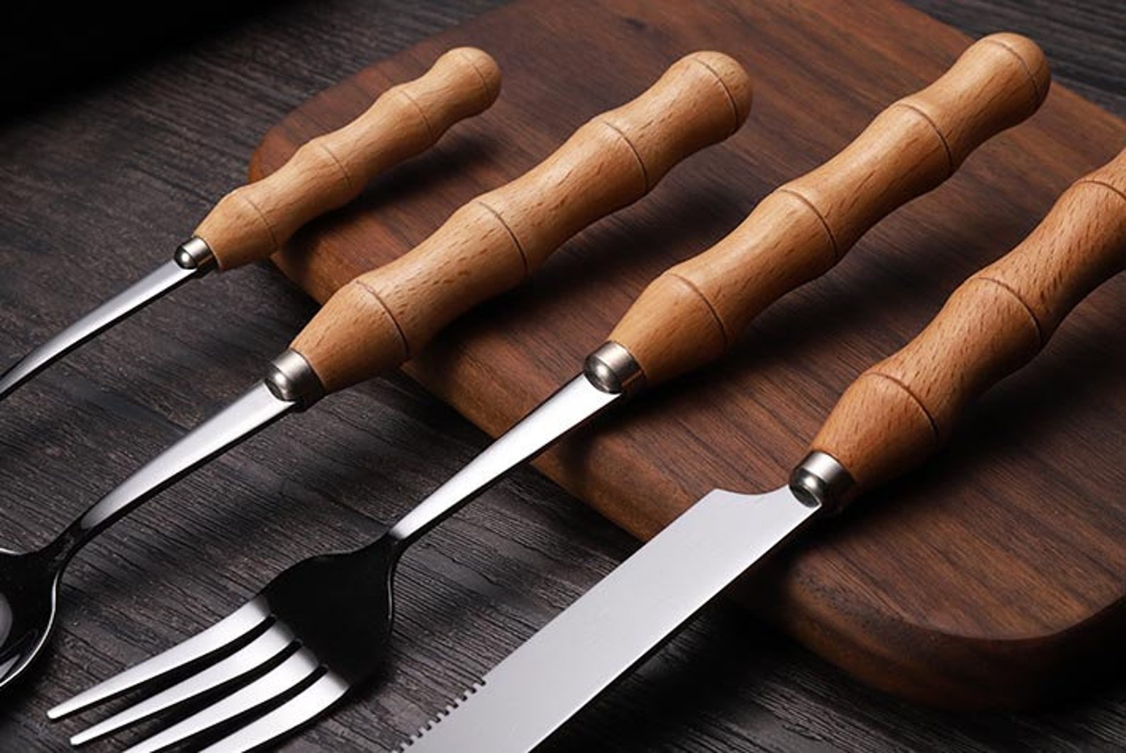 4 pieces Wood Stainless Steel Cutlery Set Wood Handle Flatware Etsy