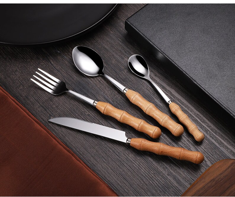 4 pieces Wood Stainless Steel Cutlery Set Wood Handle Flatware Etsy