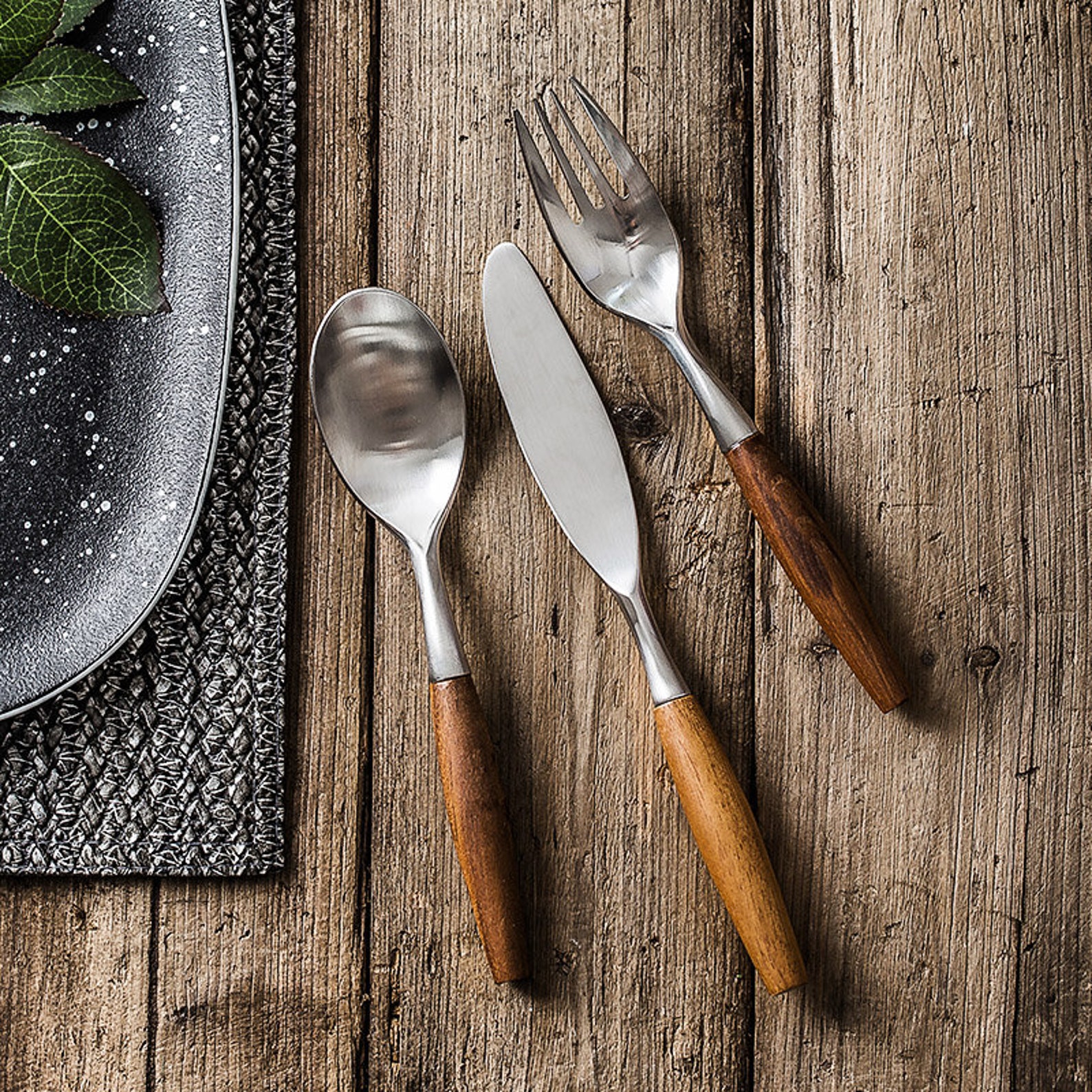 3 pieces Wood Stainless Steel Cutlery Set Wood Handle Flatware Etsy