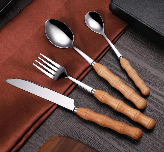 4 pieces Wood Stainless Steel Cutlery Set Wood Handle Flatware Etsy