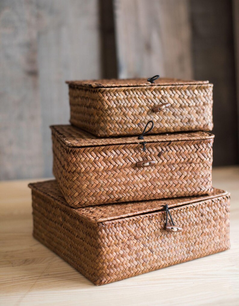 Straw woven basket with lid rustic box Square storage box Etsy