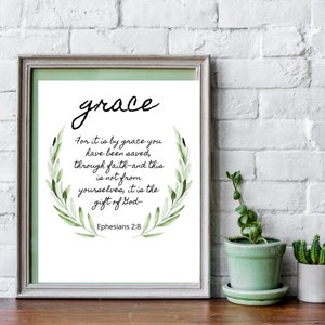 Ephesians 2:8 Printable Wall Art with Olive Branch, 8x10 Christian Bible Verse Digital Download, Green Religious Downloadable Scripture
