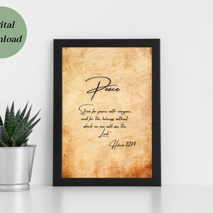 Bible Verse Wall Art, Scripture Printable, Christian Artwork, Hebrews 12_14 Peace Bible Artwork, Minimal Bible Verse, Small Bible Verse