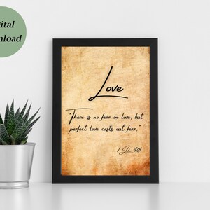 Arte de la pared del versículo bíblico, Escritura imprimible, obra de arte cristiana, Juan 4:18 Arte de la Biblia de amor, versículo bíblico mínimo, versículo bíblico pequeño