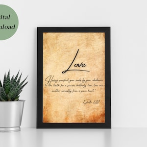 Bible Verse Wall Art, Scripture Printable, Christian Artwork, 1 Peter 1_22 Love Bible Artwork, Minimal Bible Verse, Small Bible Verse