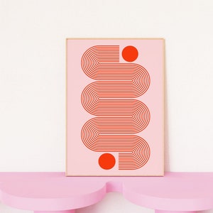 Pink Red Line Art Print, Abstract Geometric Poster, Scandinavian Art, Minimal Wall Art, Retro Modern Print, Trendy, 4x6 5x7 12x16 A4 A3 A2