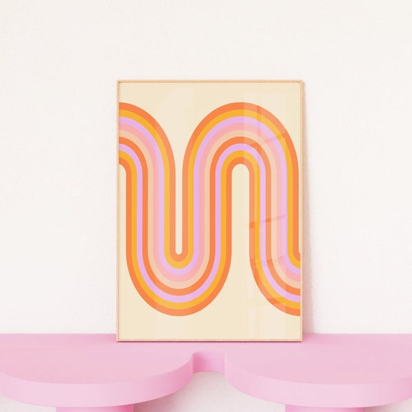 Retro Wavy Art Print, Striped Geometric Poster, 70's Groovy Wall Art, Gallery Wall, Living Room, Bedroom, Pink & Orange Print, A5 A4 A3 A2