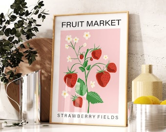 Affiche du marché aux fruits, impression de fraises, impression d'art de cuisine, décoration murale nourriture, art mural cuisine, salle à manger, café, A5 A4 A3 A2 A1 50 x 70