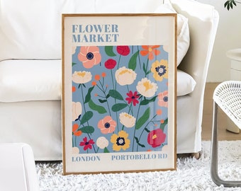 London Flower Market Print, Blue Floral Botanical Poster,  Portobello Road Print, Gallery Wall, Living Room, Bedroom Decor, 5x7 A5 A4 A3 A2