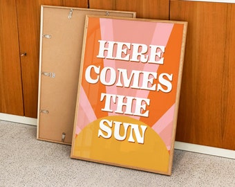 The Beatles Music Print, Here Comes The Sun Music Poster, 70's Retro Print, Typographic, Gallery Wall, Band Print, Lyrics, Liverpool, Orange