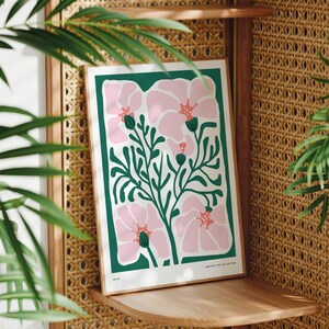 Green Pink Botanical Poster, Flowers Art Print, Boho Wall Art, Modern Floral Decor, Living Room, Kitchen, Bathroom, Nature, A5 5x7 A4 A3 A2