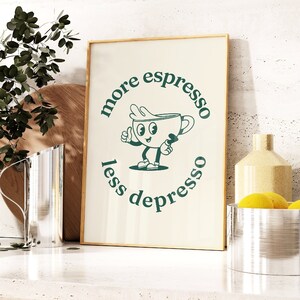 Retro Wall Art, More Espresso Less Depresso Art, Retro Cartoon Poster, Retro Coffee Print, Trendy Food Prints, Kitchen, Dining Room A5 A4 A3