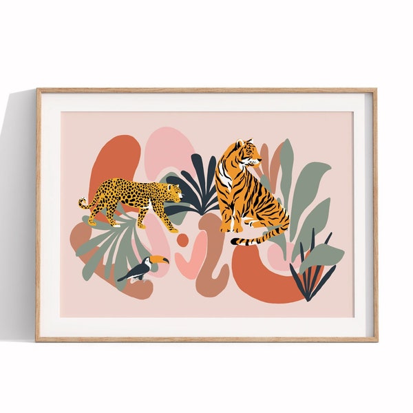 Boho Jungle Art Print, Animals Jungle Illustration, Tigers Plants Poster, Scandi Nursery, Kids Bedroom, Pastel Wall Art, A4 A3 A2 A1 50x70