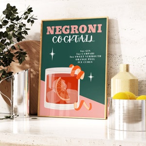 Negroni Cocktail Print, Cocktail Wall Art, Cocktail Drinks Poster, Bar Cart, Retro Negroni Print, Office, Kitchen, 5x7 A4 A3 12x16 50x70
