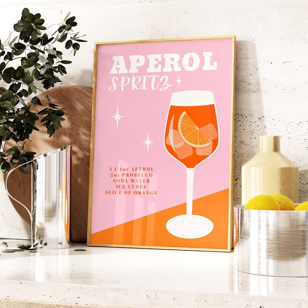 Aperol Spritz Print, Aperol Cocktail Poster, Retro Cocktail Art Print, Alcoholic Drink Print, Bar Cart Poster, Drinks Gift 5x7 A5 A4 A3 A2