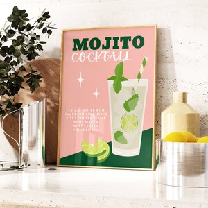 Mojito Cocktail Print, Retro Cocktail Wall Art, Colourful Cocktail Poster, Alcoholic Drinks Wall Decor, Kitchen, Bar, 5x7 A4 A3 12x16 A2