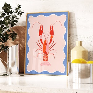 Red Pink Lobster Print, Sea life Illustration, Ocean Seafood Art, Gallery Wall, Kitchen Poster, Dining Room, Trendy, 5x7 8x10 A5 A4 A3 A2 A1