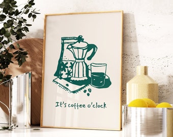 Retro Coffee Art Print, Coffee Time Poster, Kitchen Wall Art, Hand Drawn Coffee Print, Caffettiera Print, Dining Room, 5x7 A5 A4 A3 30x40
