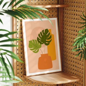 Boho Plant Wall Art, Monstera House Plant Print, Orange Botanical Gallery Wall, Leaves, Kitchen, Bedroom, Office, 5x7 A4 A3 12x16 50x70 A1