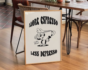 Art mural rétro, plus d'expresso moins d'art depresso, affiche de dessin animé rétro, impression de café rétro, impressions de nourriture, cuisine, salle à manger, cadeau A5 A4 A3