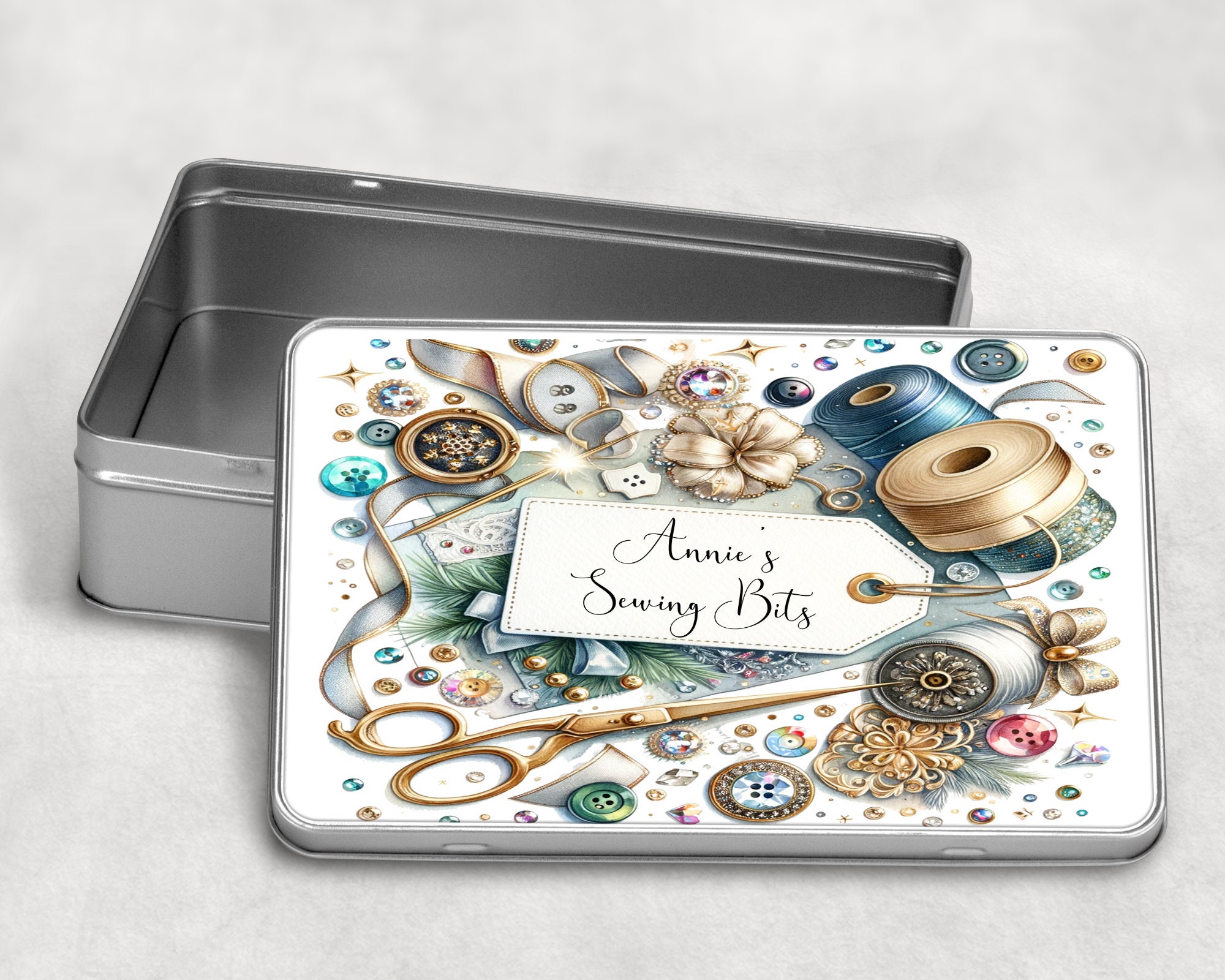Personalized Sewing Storage Tin Gift Large or Medium, 2 Designs Ideal Gift Mothers Day or Birthday