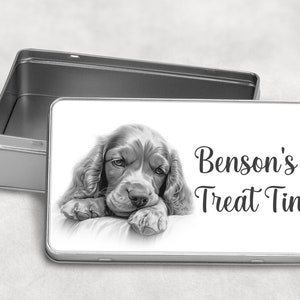 Personalised Dog Treats / Snack Tin Gift, 10 Dog Breeds Birthday Christmas SLEEPY COCKER SPAN