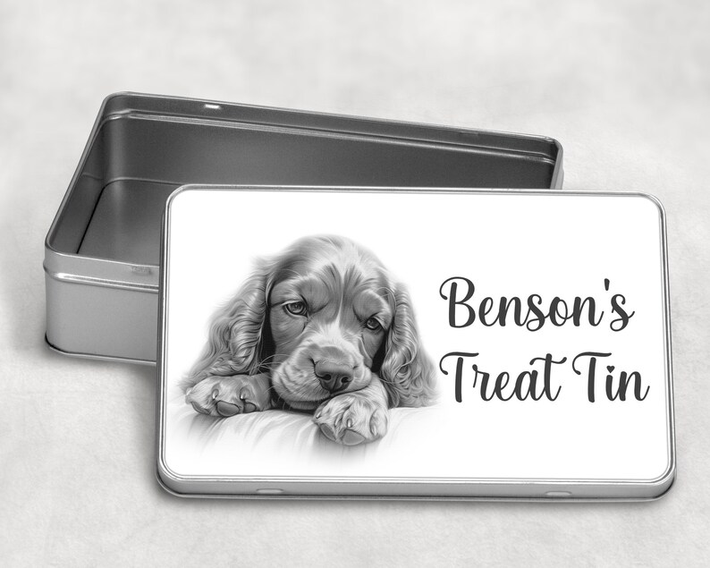 Personalised Dog Treats / Snack Tin Gift, 10 Dog Breeds Birthday Christmas SLEEPY COCKER SPAN