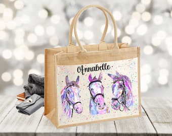 Personalised Large Horse Pony Watercolour Jute Bag, Ideal Gift, Birthday, Beach Bag, Shopping Bag, Knitting Bag