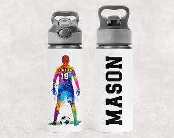 Personalised Watercolour Football Player Water Bottle | Custom Name Sports Bottle