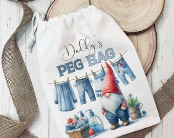 Personalised Gnome Peg Bag, Polyester Drawstring Laundry Bag