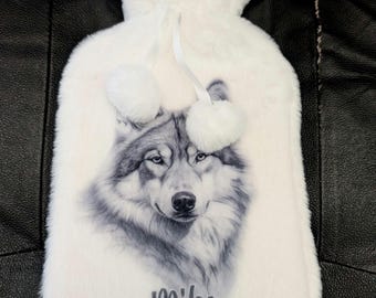 Personalised Fluffy Hot Water Bottle Sketchy Pencil Wolf Gift,  Birthday , Christmas