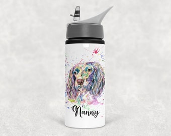Personalised Watercolour Rainbow Spaniel Dog Water Bottle, Ideal Gift, Birthday