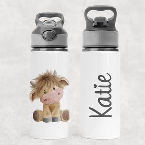 Personalised Watercolour Highland Coo Cow Water Bottle, Ideal Gift, Birthday ,