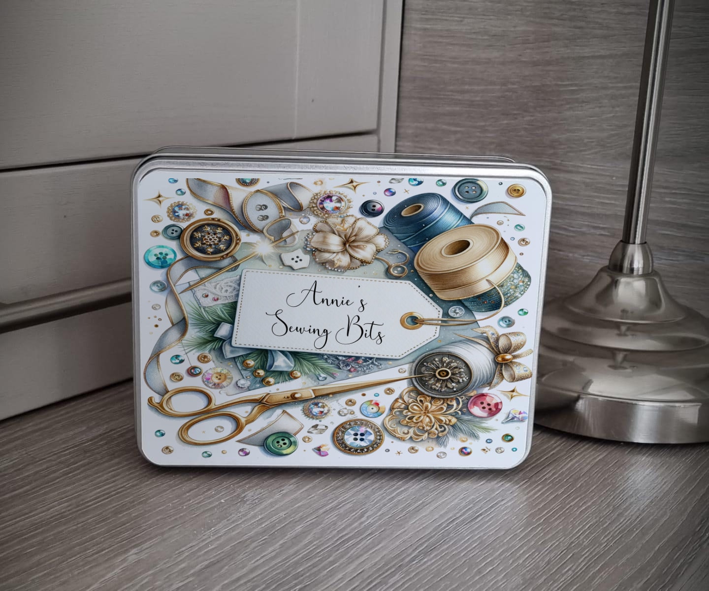 Personalized Sewing Storage Tin Gift Large or Medium, 2 Designs Ideal Gift Mothers Day or Birthday