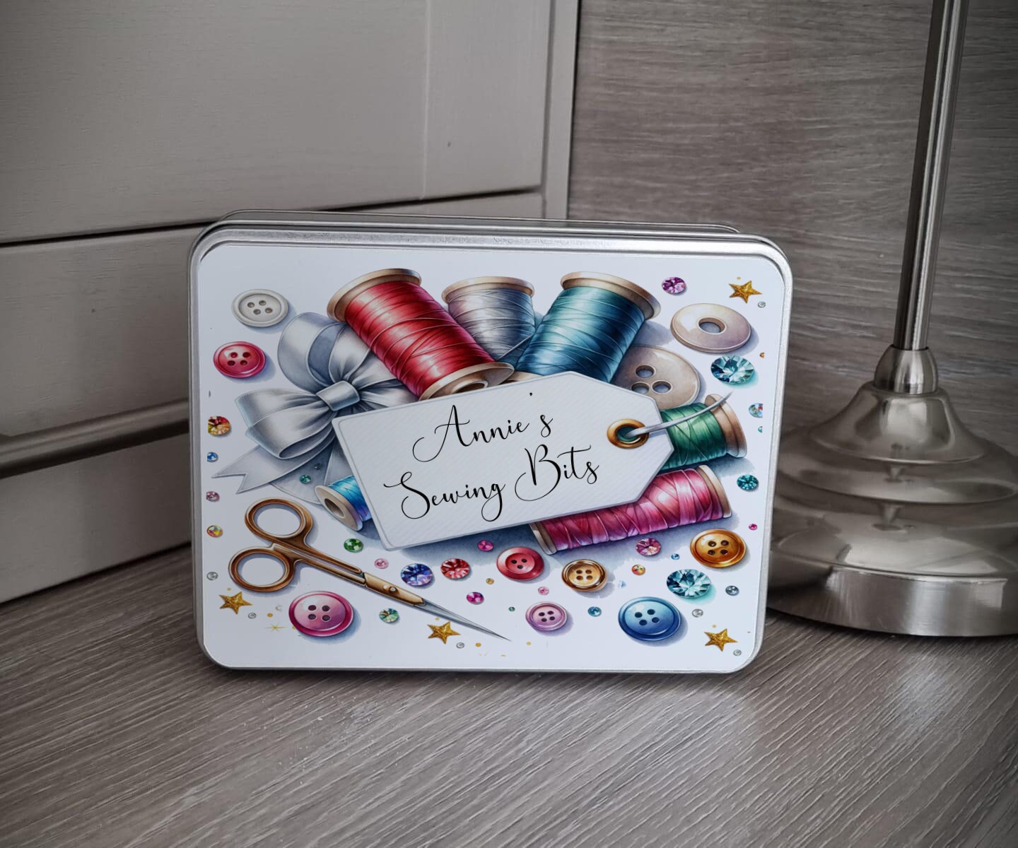 Personalized Sewing Storage Tin Gift Large or Medium, 2 Designs Ideal Gift Mothers Day or Birthday
