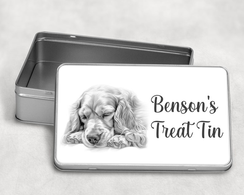 Personalised Dog Treats / Snack Tin Gift, 10 Dog Breeds Birthday Christmas SLEEPY OLDER SPANIEL