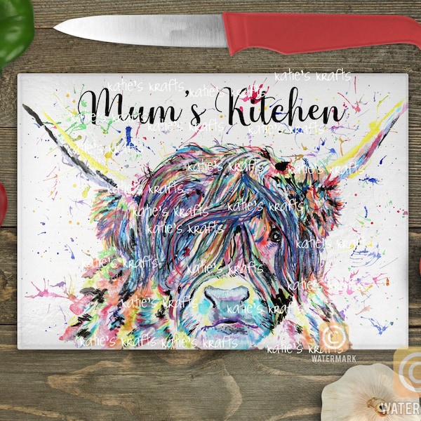 Personalised Highland Cow Glass Chopping Board, 2 Sizes Worktop Saver, Cow Cutting Board, Highland Cow Gift, Kitchen Decor