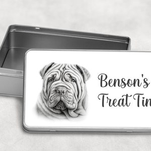 Personalised Dog Treats / Snack Tin Gift, 10 Dog Breeds Birthday Christmas SHARPEI